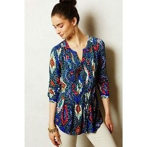 Maeve Anthropologie Womens Geometric Peplum Bold Ikat Button Blouse SZ 6 Boho